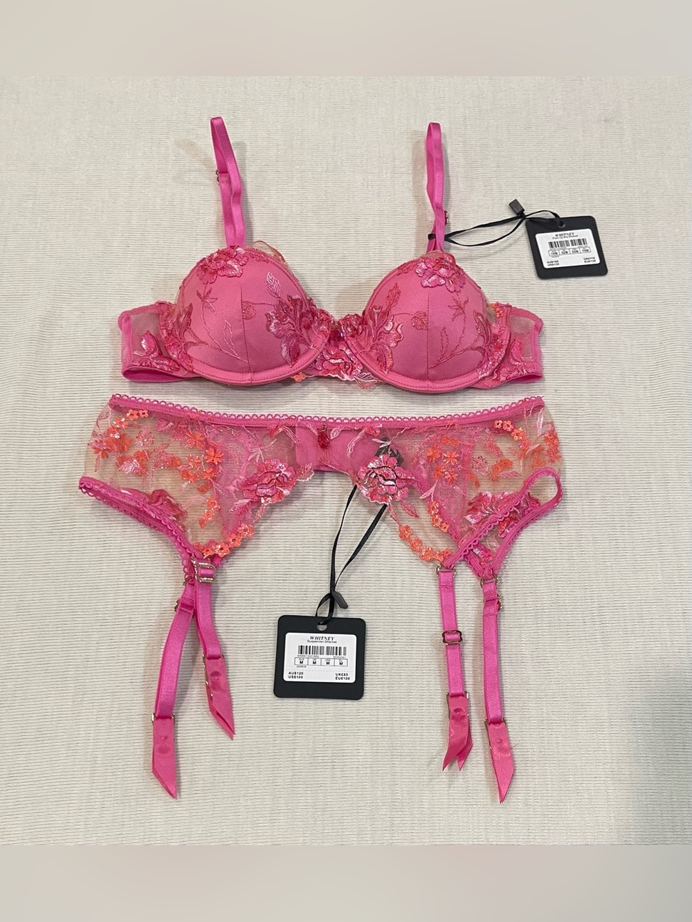 Honey Birdette Whitney Sherbet Lingerie Set - Bra 32B & Suspender Medium NWT